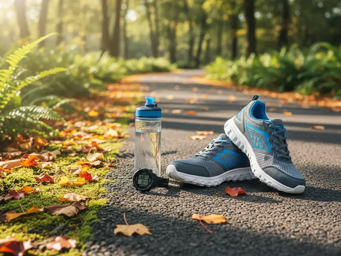 Athletic walking shoes, a sports watch, and a water bottle rest on a sunny park path amid fallen autumn leaves.