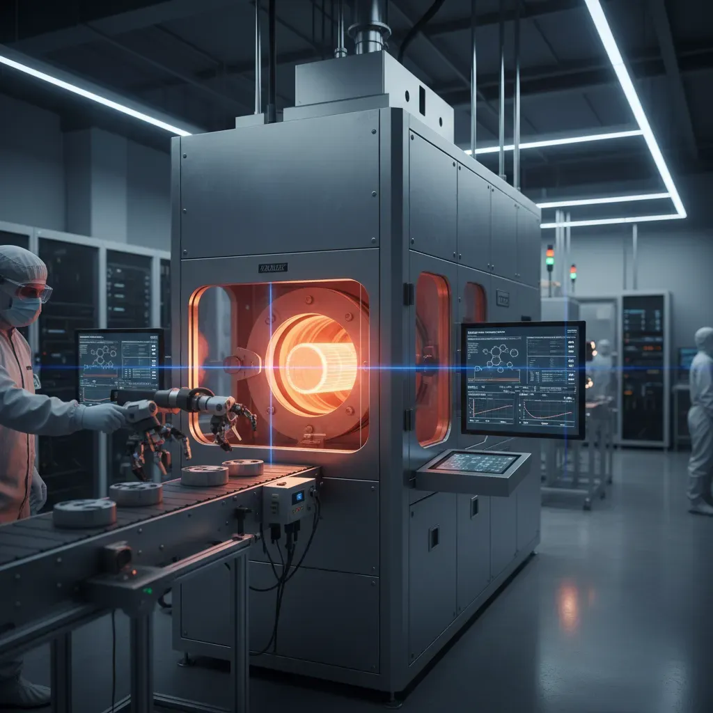 High-tech lab with glowing sintered material and advanced manufacturing equipment for energy transition tech.