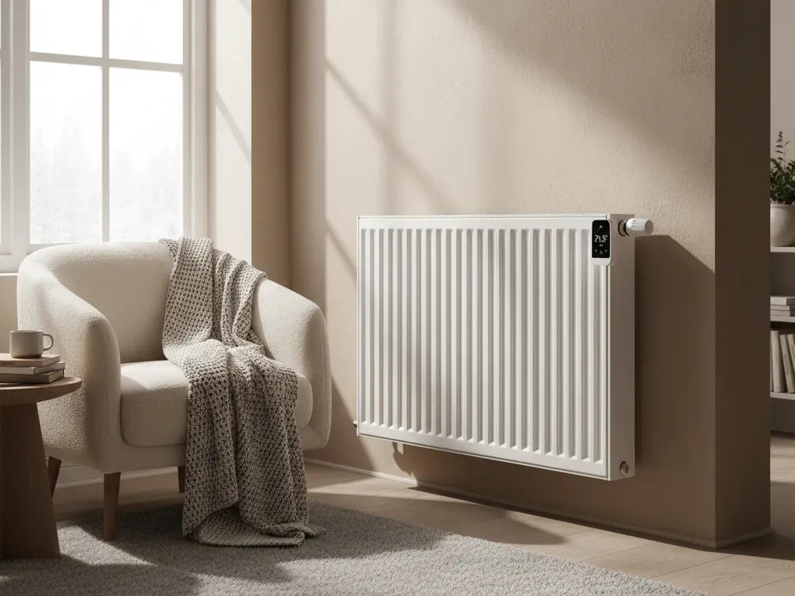 Modern white radiator with a digital thermostat on a warm wall in a cozy living room with an armchair in sunlight.