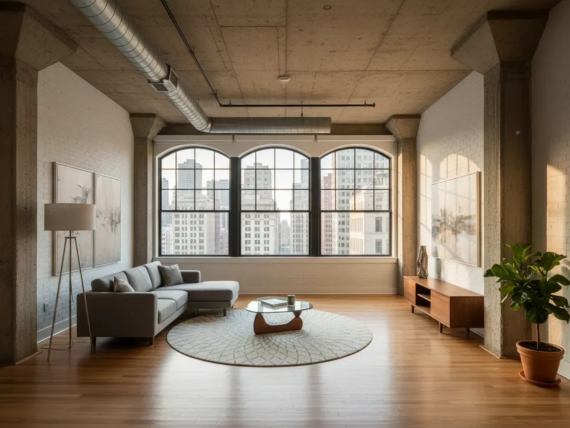Modern empty Chicago loft with concrete ceilings, large industrial windows, sleek hardwood floors, and warm sunlight.