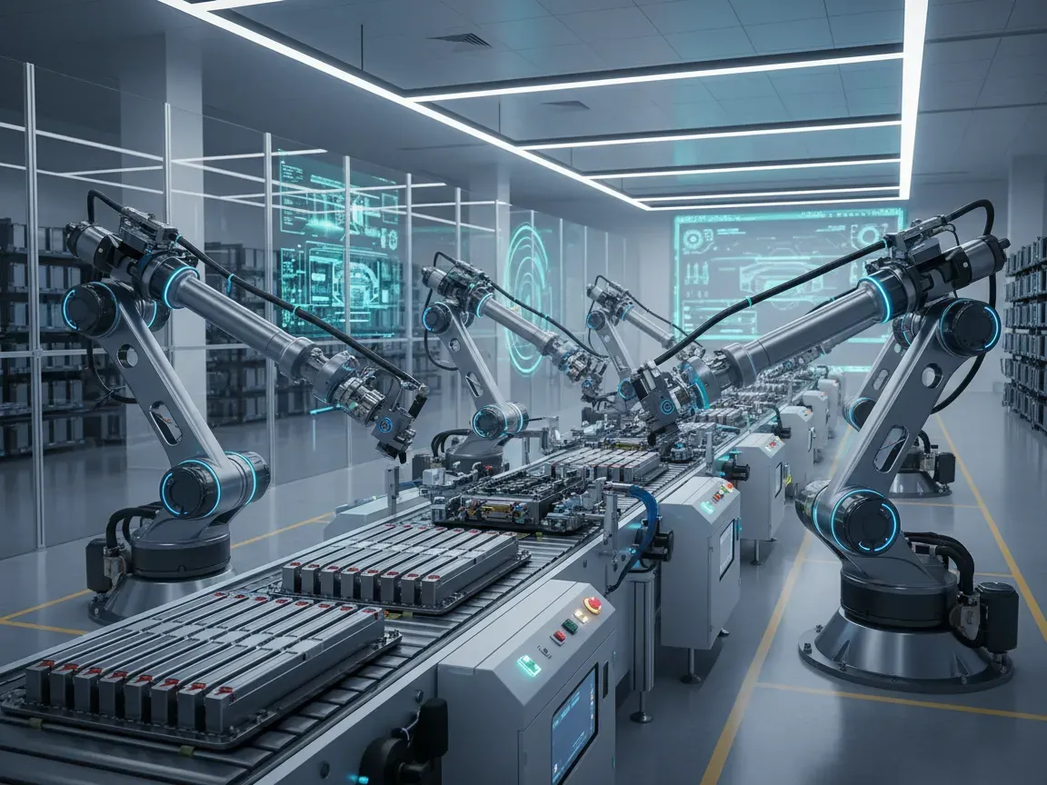 Robotic arms assemble lithium battery packs on a modern, glowing conveyor line inside an automated electric car factory.