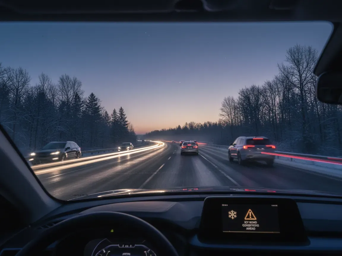 Driver's view of modern cars on a frosty winding highway at twilight, with a dashboard safety warning.