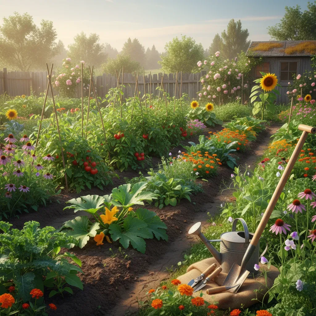 A sunlit home garden with lush green plants, vegetables, flowers, and rich soil.