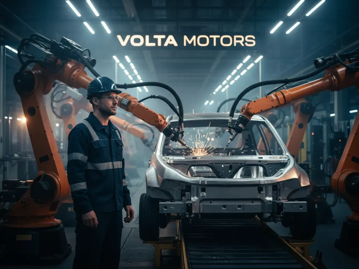 A factory worker watches robotic arms assemble an electric car in a moody, modern automotive plant.