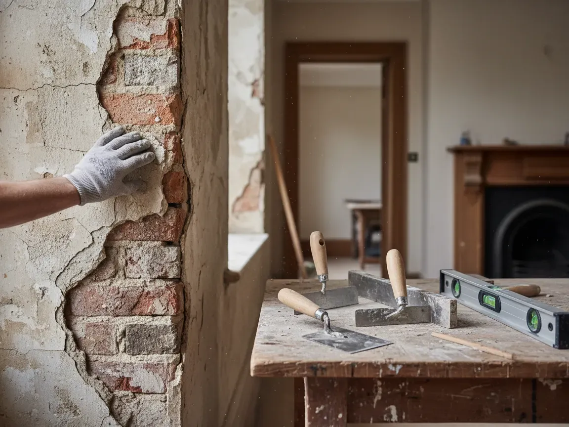 A tradesperson's hand inspects a cracked plaster wall exposing brick in a vintage British home, with trowels and tools on a nearby workbench in soft daylight.