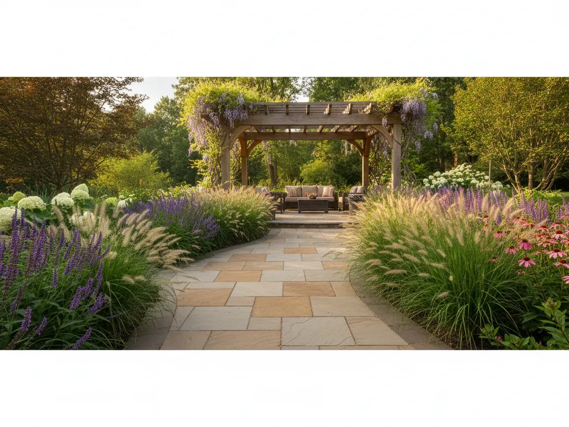 Stone garden pathway with sandstone pavers, lush flowers, and a wooden pergola under afternoon sun.