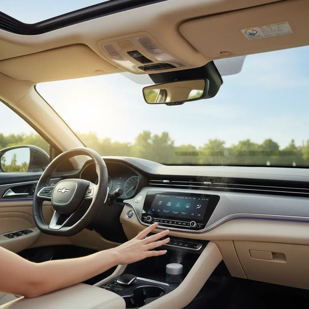Modern car interior with sunlight, a hand on the climate control, conveying comfort and fresh air.