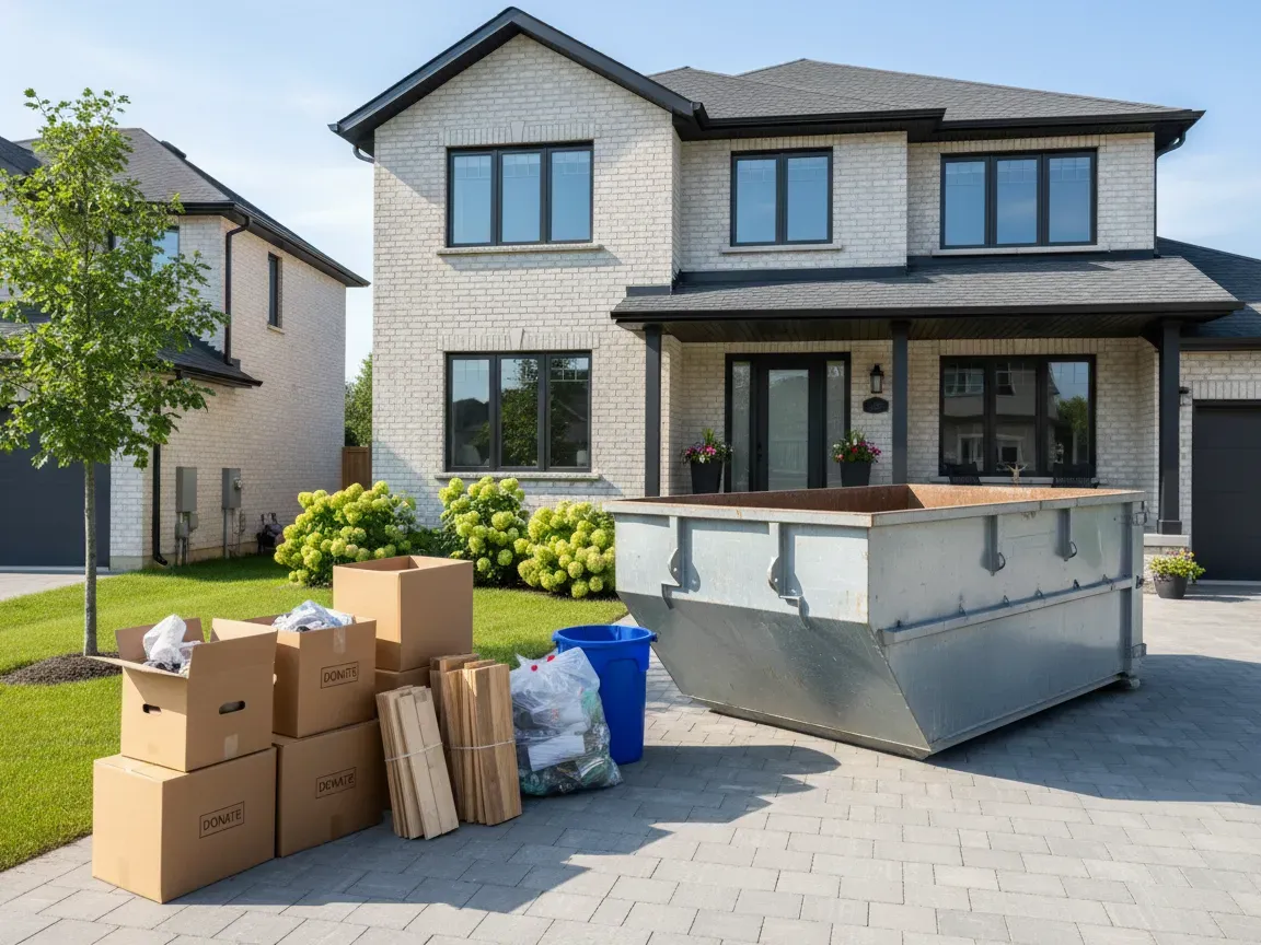 Organized waste skip bin on a suburban driveway by a modern home with neatly stacked boxes and recyclables in sunlight.