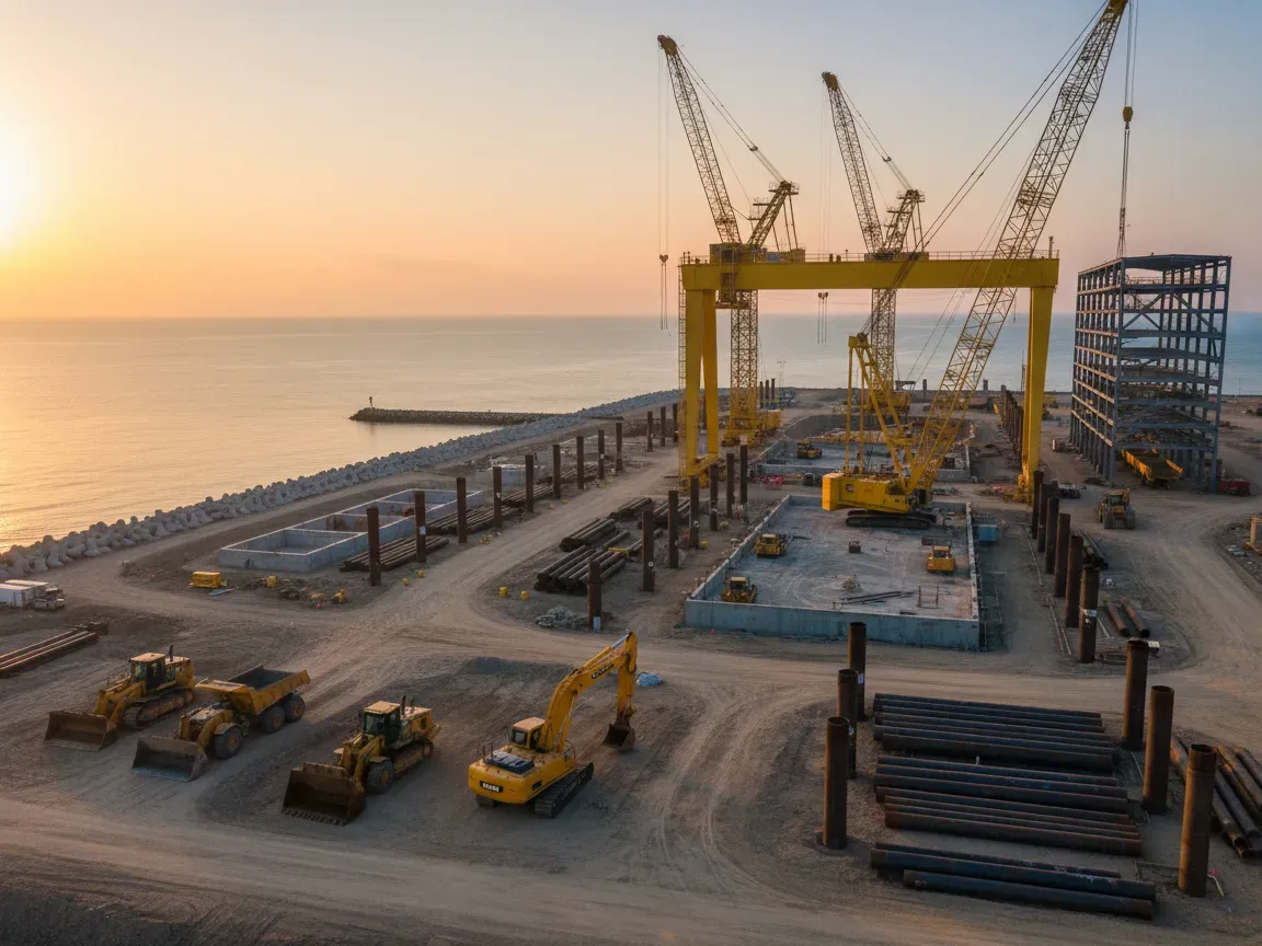 Coastal Texas shipyard construction site with heavy machinery, steel piles, and cranes by the water at sunrise.