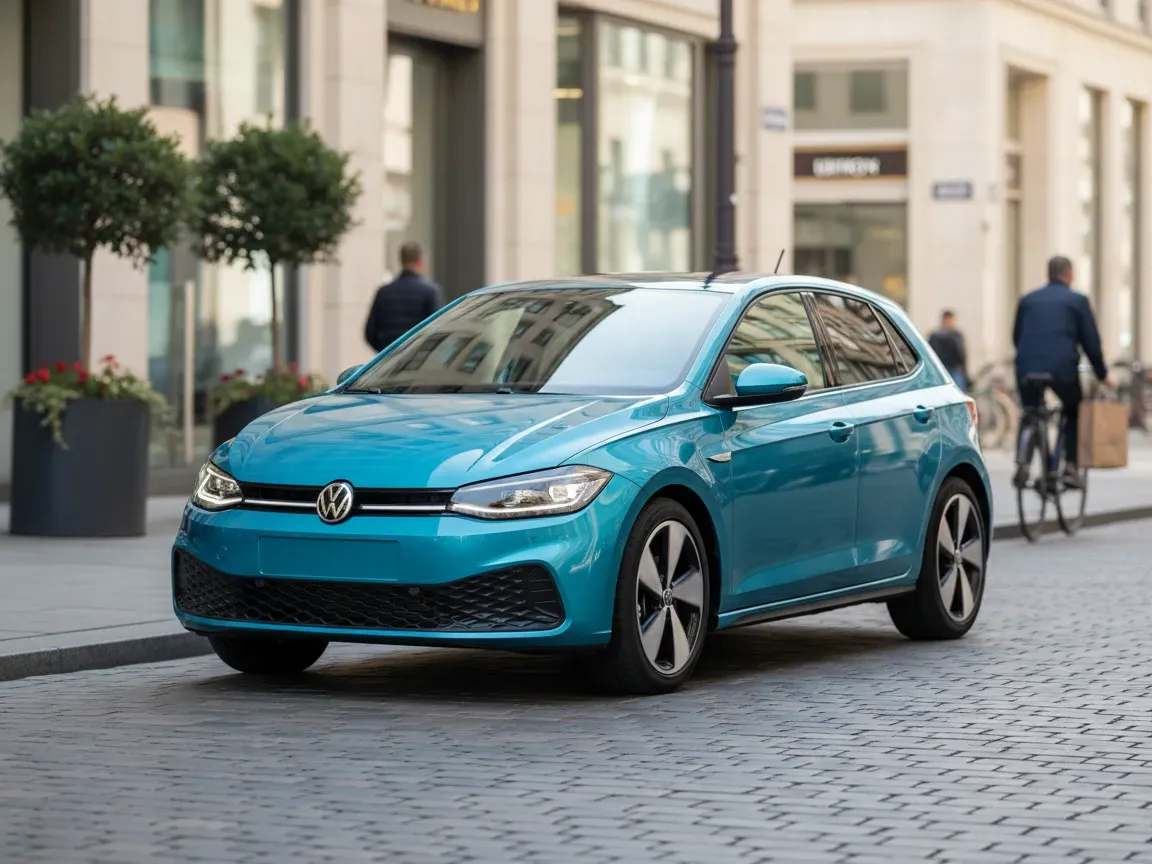 A modern Volkswagen ID. Polo electric car driving on a clean European city street in daylight, front view.