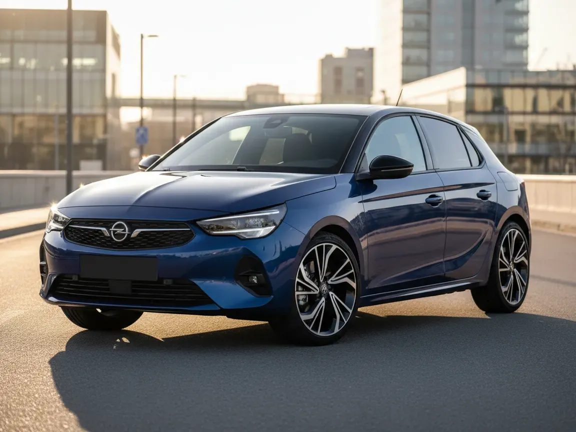 Modern sporty compact hatchback parked on an urban asphalt road during golden hour.