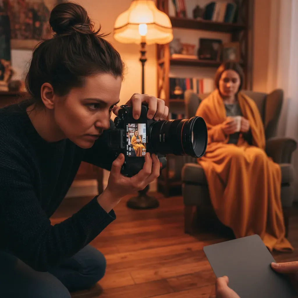 Fotograf z aparatem dostosowuje balans bieli w cieple światła wolframowego.