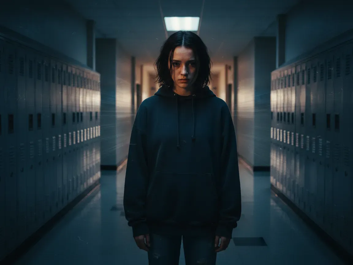 A solitary teenage girl looking down in a dimly lit high school corridor with lockers and moody cinematic lighting.