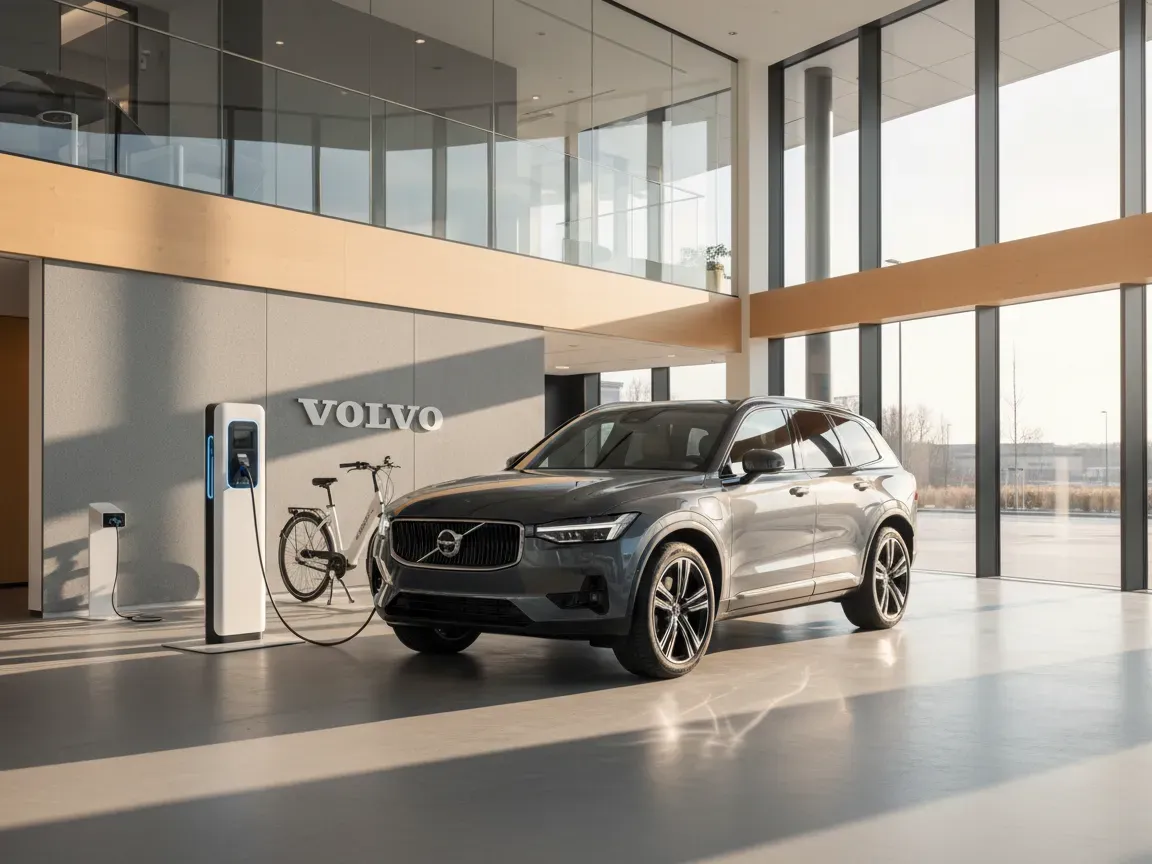 Modern electric Volvo SUV charging inside a sunlit, minimalist Scandinavian showroom with large glass windows.